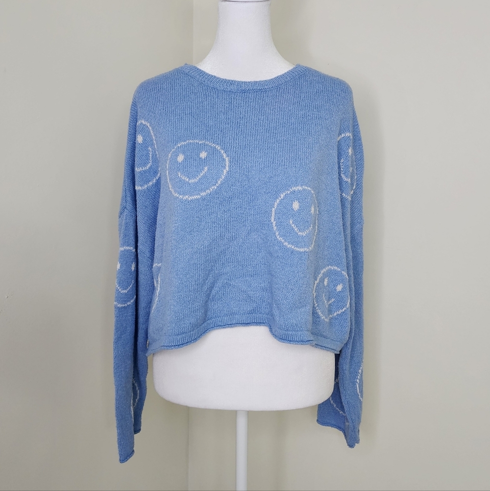 Moon & Madison Blue Smiley Face Cropped Oversize Sweater Med Kidcore Streetwear